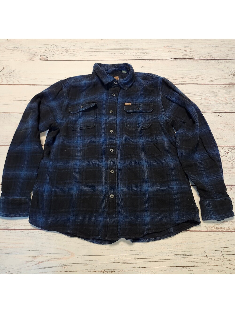Orvis Men's Heavy Duty Flannel Shirt Jacket XL Blue and Black Plaid Button